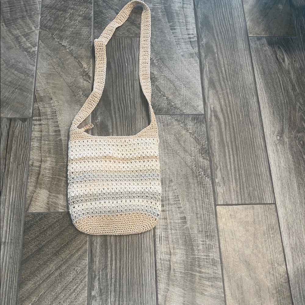 Handmade tan multi colored Crochet Shoulder Bag 11”x12”x26”. - Picture 3 of 5